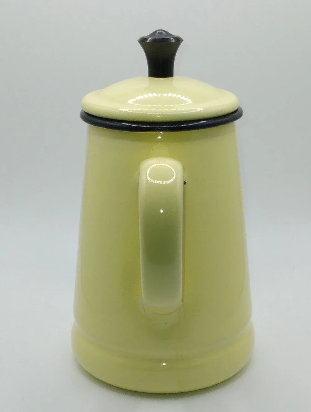 Vintage Yellow Enamelware Coffee Pot, 6 Inches, Bakelite Knob, Black Trim, READ